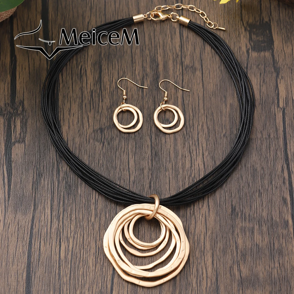 MESTRM-Ensemble collier et boucles d'oreilles en alliage de zinc pour femme, bijoux assortis, design creux circulaire géométrique, tempérament