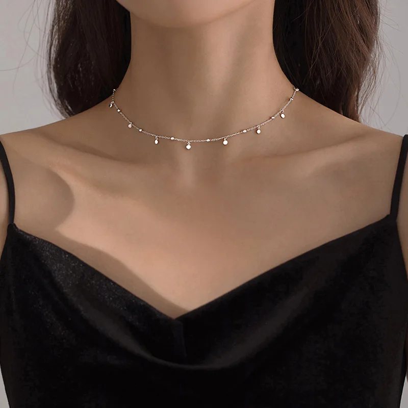 Collier à pampilles en perles rondes couleur argent pour femmes, chaîne de clavicule exquise, bijoux pour filles, ras du cou, cadeaux