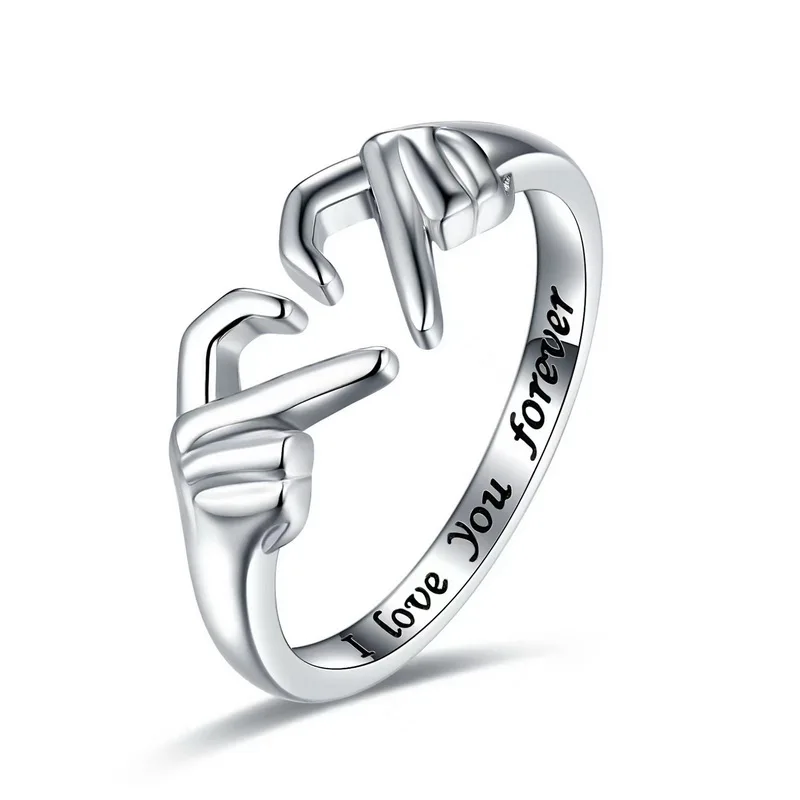 Bague de Couple en forme de cœur pour femmes, promesse à deux mains, romantique, je t'aime pour toujours, lettrage sculpté, bijoux d'amitié uniques