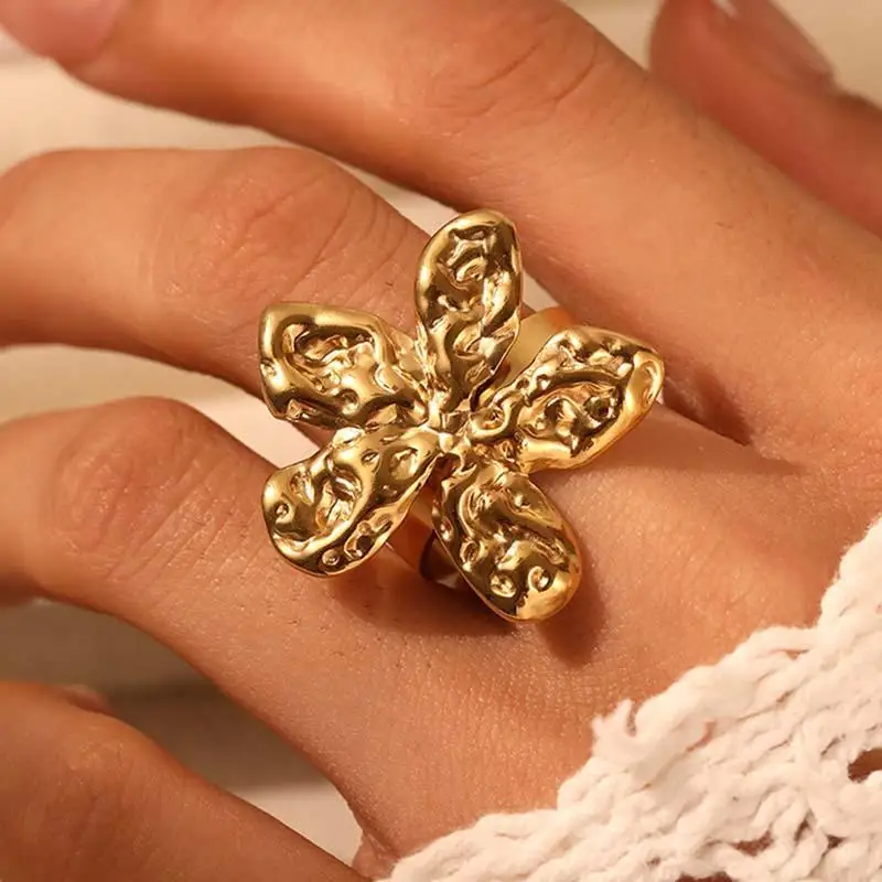 Bagues à fleurs couleur or en acier inoxydable pour femmes et hommes, Texture géométrique irrégulière, ouverture réglable, bijoux cadeaux
