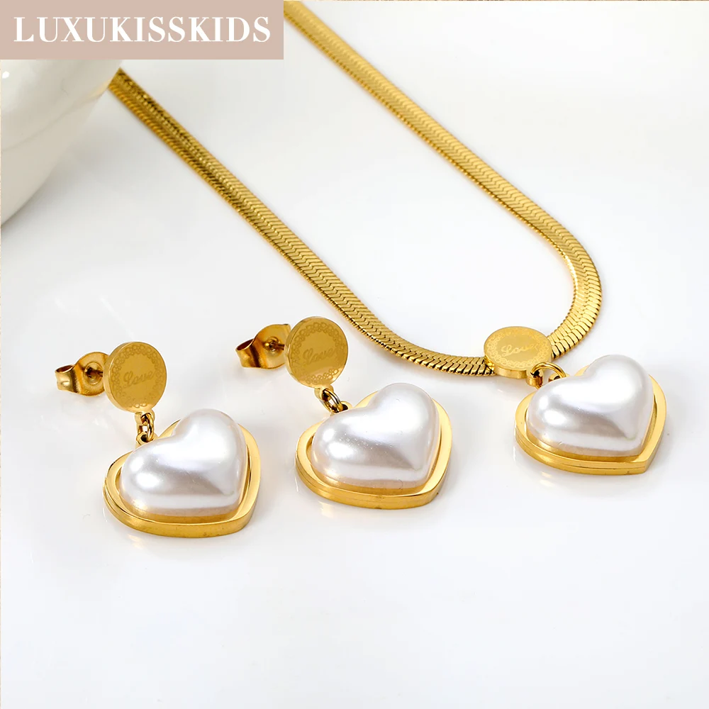 LUXUKISSKIDS-Ensemble de bijoux en perles de style français, grand collier pendentif coeur, ensembles de boucles d'oreilles, bijoux élégants pour salle, nouveau