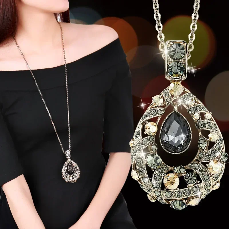 Pull goutte d'eau en cristal brillant pour femmes, colliers longs de la présidence, bijoux géométriques, pendentif de vêtements de mode, nouvelle chimicoréenne
