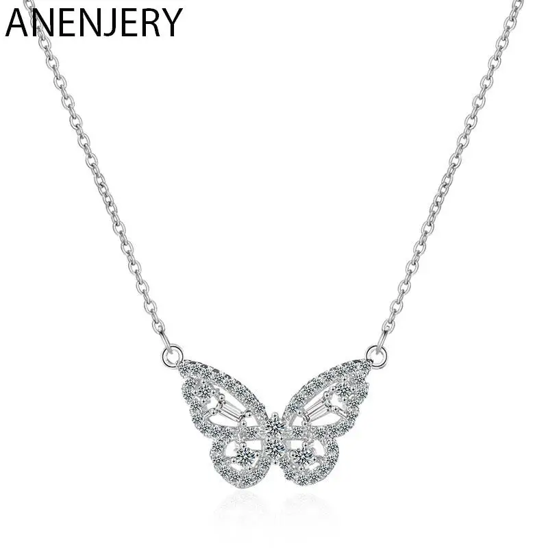 ANENJERY couleur argent cubique Zircon papillon breloque collier pour femmes tour de cou mariage fiançailles bijoux cadeau S-N707