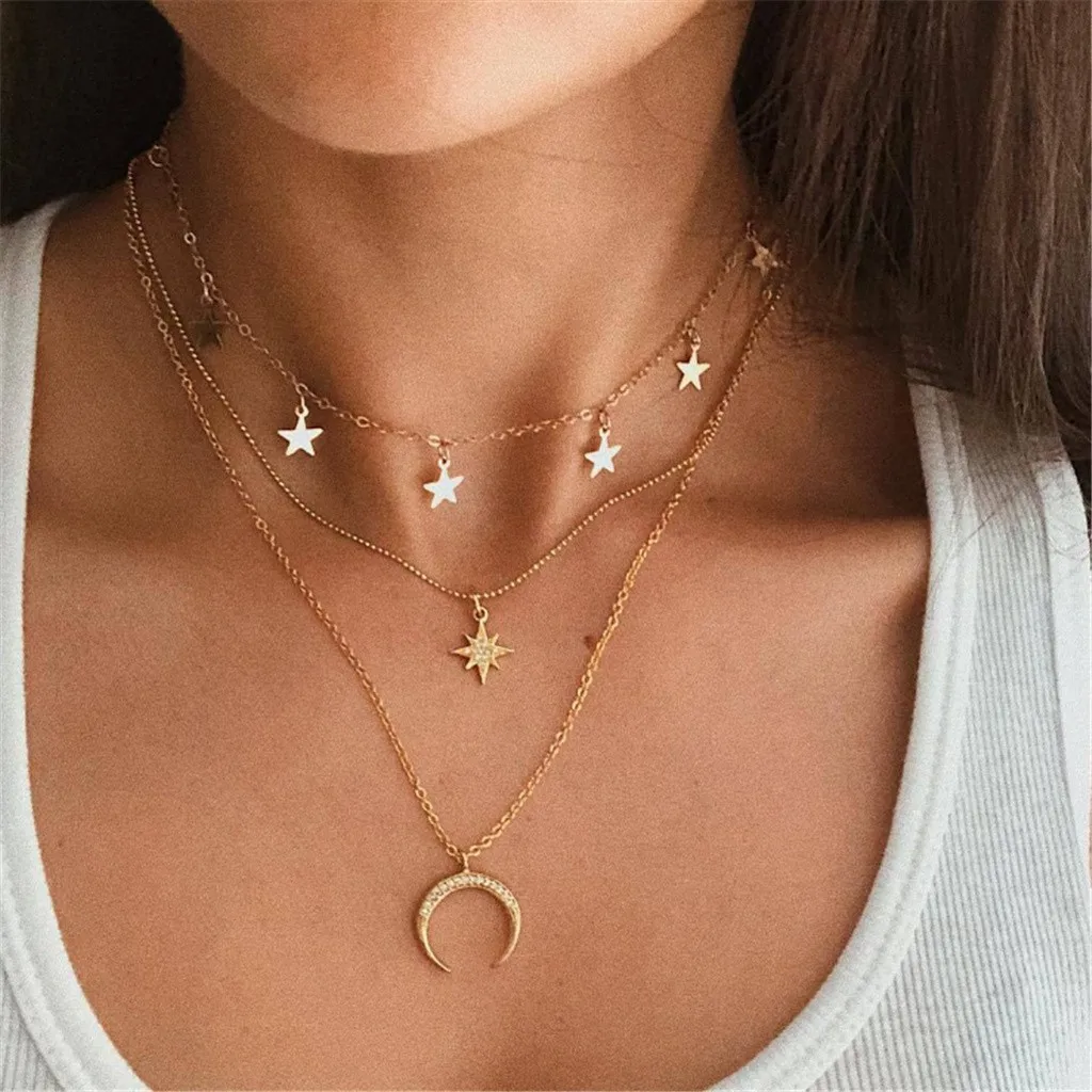 Collier pour femmes, mode élégante, étoile, lune, trois couches, Vintage, chaîne de clavicule, bijoux de fête pour dames, 2022