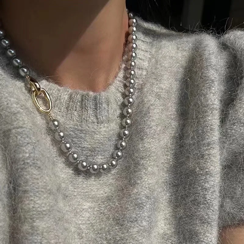 Collier en Fausses Perles Grises Élégantes pour Femme, Bijoux Métalliques à la Mode, Nouvelle Collection