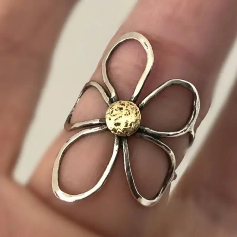 Bagues Vintage en métal à grandes fleurs pour femmes et hommes, style bohème, couleur argent, anneaux ouverts creux, Grunge Punk, bijoux de fête, cadeau