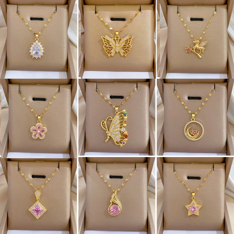 OIMG 316L ACIER INOXYDABLE plaqué or charme coloré strass papillon pendentif collier femme fille bijoux de luxe