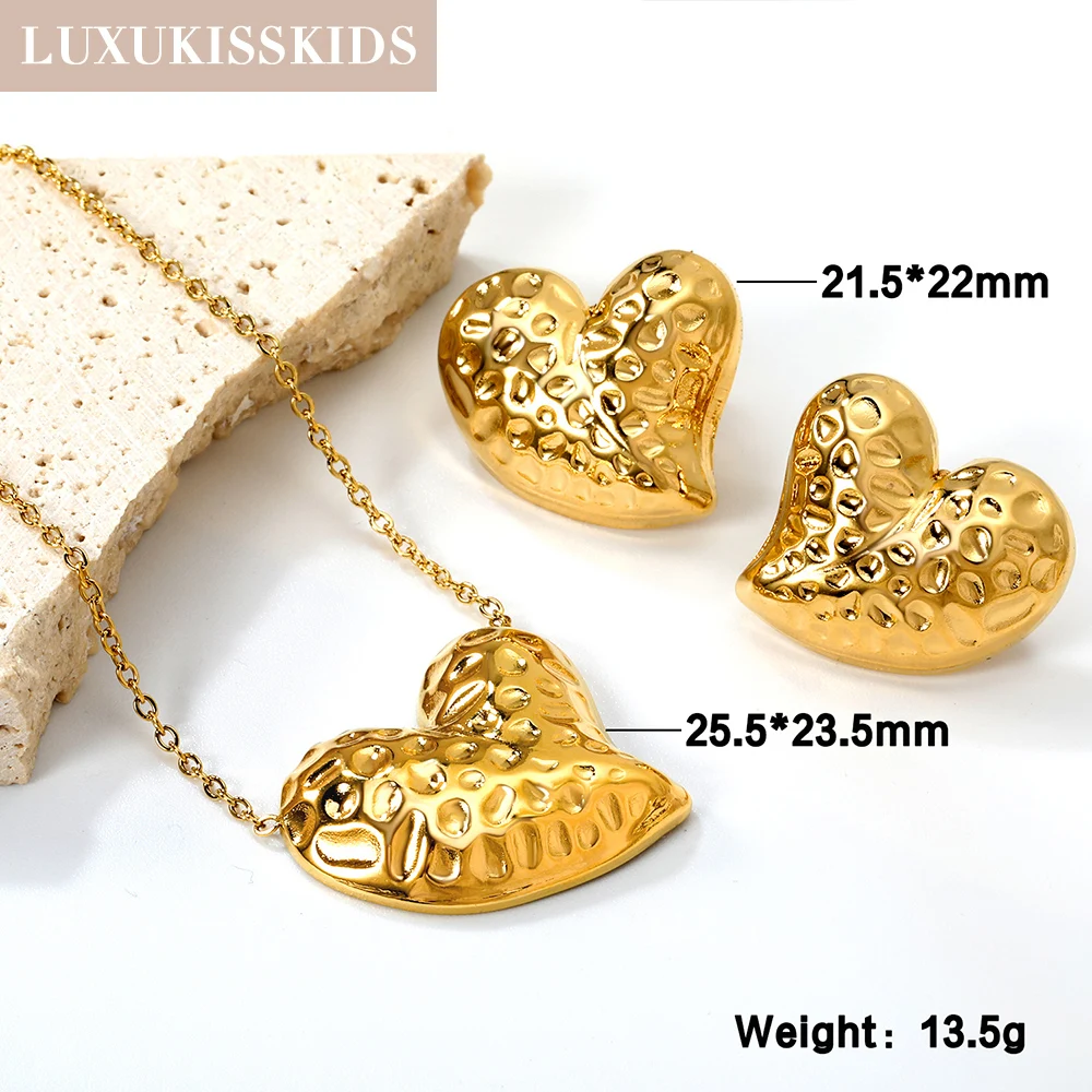 LUXUKISSKIDS – ensemble de bijoux en acier inoxydable pour femmes, pendentif en forme de cœur, collier, boucles d'oreilles, mode coréenne, ensembles d'amour doré pour fête de mariage