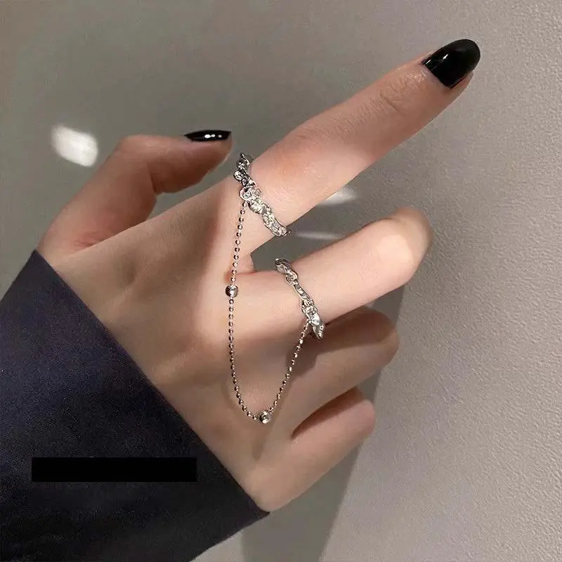 Ensemble de chaîne à pompons Punk pour femmes, Double anneau, Hip Hop, anneau ouvert en métal couleur argent, chaîne à billes, bijoux cadeaux de fête
