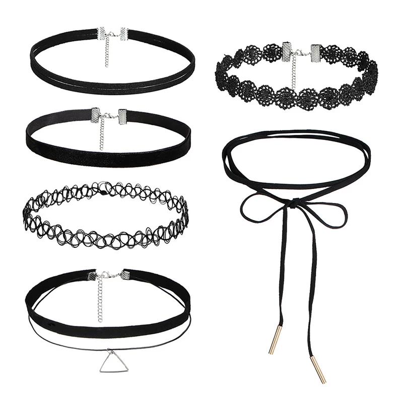 6 pièces/ensemble noir dentelle cuir velours Collier femmes Collier Femme Chocker Punk Style ras du cou colliers gothique Collier bijoux
