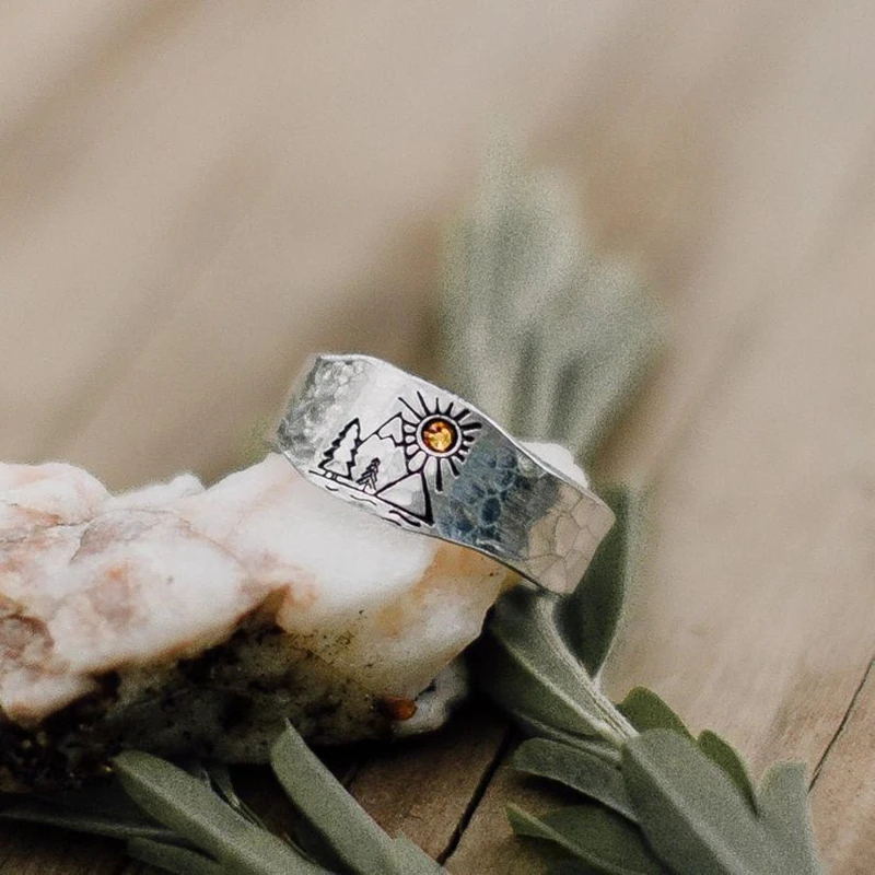 Bague Vintage pour hommes et femmes, anneau sculpté de paysage de forêt, de montagne, de coucher de soleil, ouvert, réglable, bijoux à la mode, vente en gros