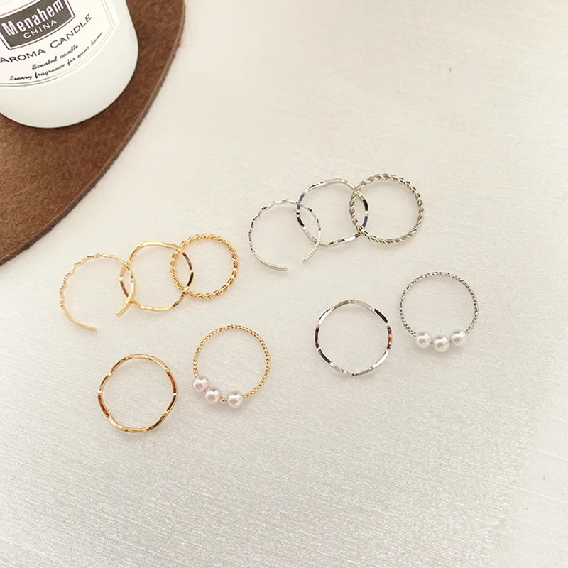 Bagues couleur perle or argent 5 pièces/ensemble, ensemble de bagues combinées Vintage simples pour femmes, bague personnalisée pour filles, bijoux multicouches