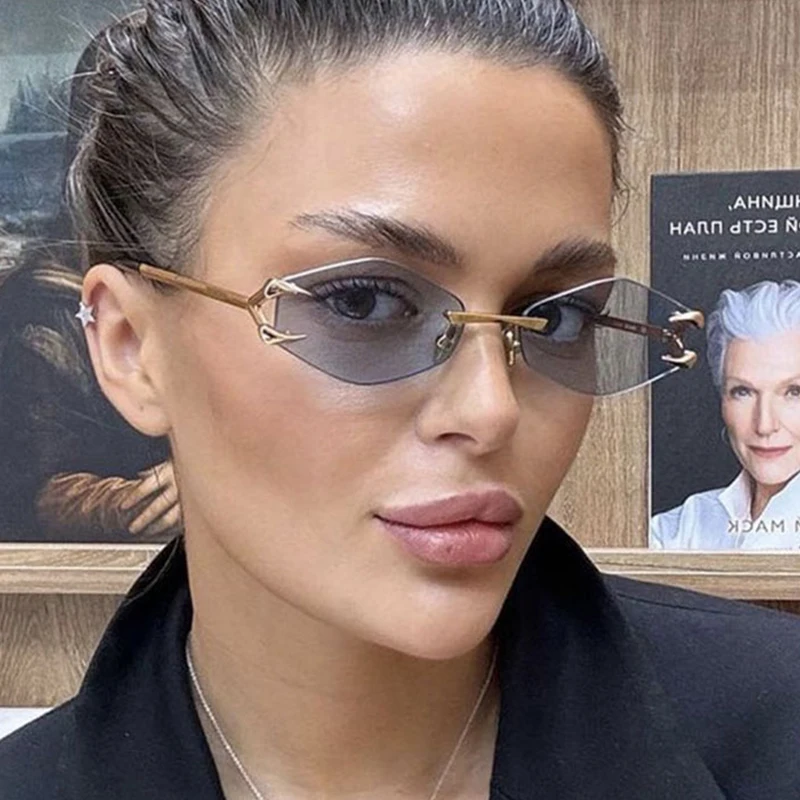 Lunettes de soleil losange sans monture pour femmes et hommes, lunettes de soleil polygonales à petite monture en métal, lunettes de voyage d'été, mode