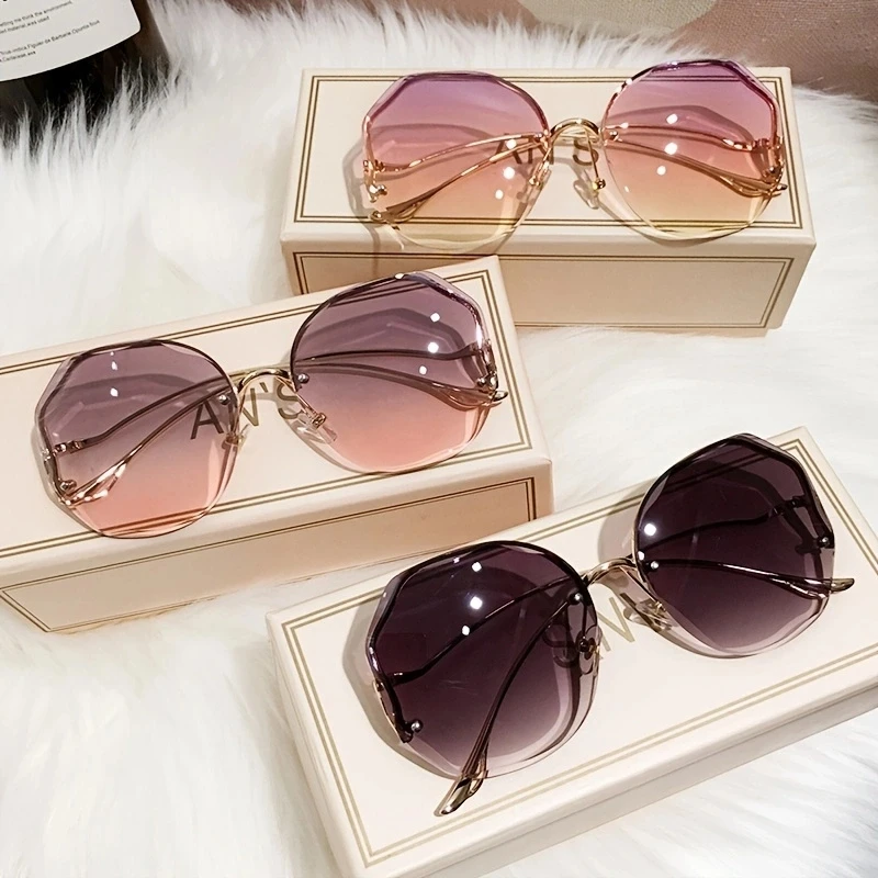 Lunettes de soleil sans monture polygone mode populaire femmes hommes nuances grand cadre lunettes de soleil rondes pour femme Oculos dégradé lunettes de soleil