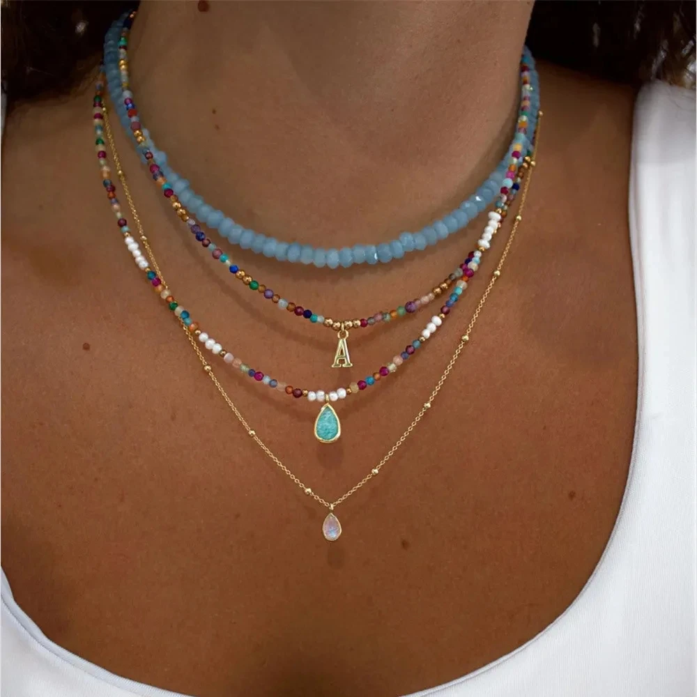 Vintage couleur perle perle artificielle perle lettre pendentif chaîne collier pour femmes femme mode multicouche Boho tour de cou bijoux
