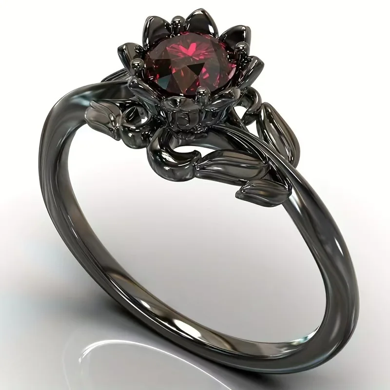 Bagues rondes à fleurs de couleur noire pour femmes, bagues en pierre rouge, bijoux cadeau de fête
