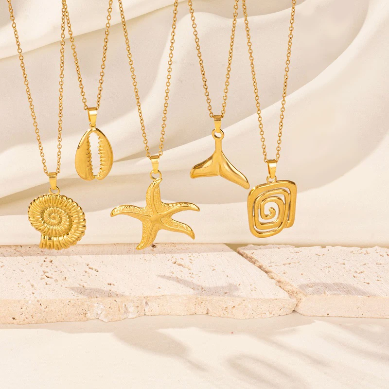 1Pc acier inoxydable texturé étoile de mer conque coquille pendentif femmes colliers mer Animal hippocampe requin hommes Grunge Collares bijoux
