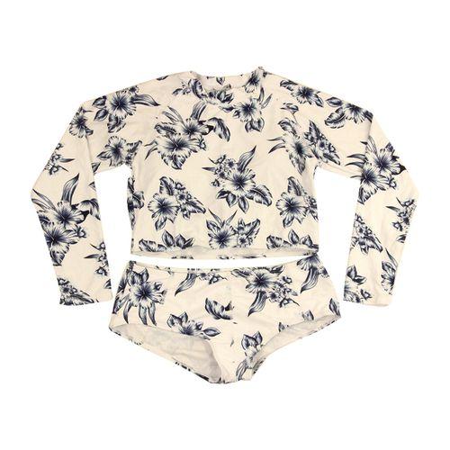 Maillot De Bain Manches Longues - Polyester - Blanc Fleuri