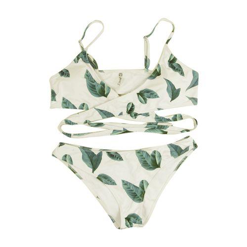 Maillot De Bain Deux Pieces Haut Languette - Polyester - Blanc Fleuri