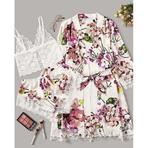 Pyjamas En Satin Imprime Pour Femme 3 Pièces