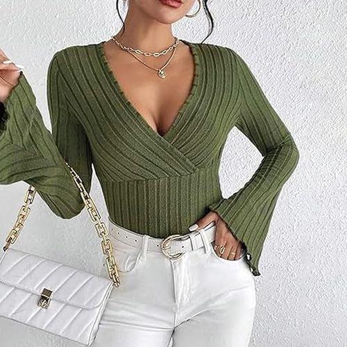 T-shirt Slim Col V Automne Et Hiver Femme - Vert