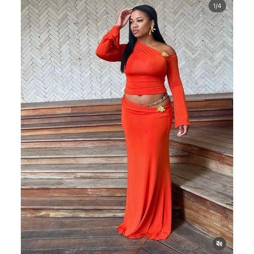 Ensemble Haut et jupe tendance - Orange - Tissu en Elasthanne