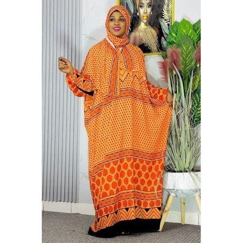 Ensemble robe orange avec foulard - robe de prière 100% coton pour femme