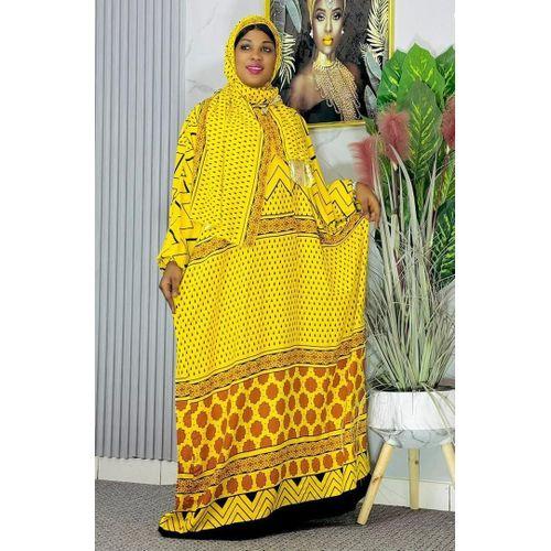 Ensemble robe Jaune avec foulard - robe de prière 100% coton pour femme