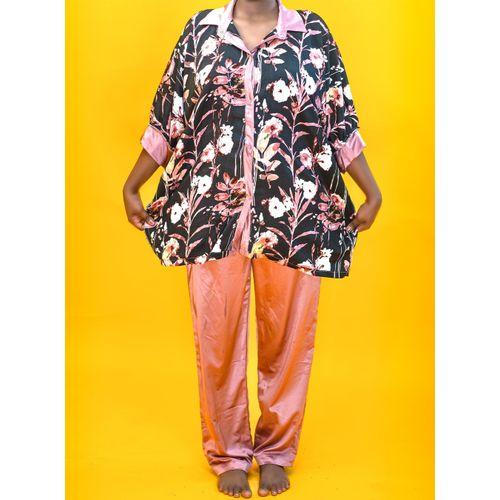 Ensemble Pantalon soie Rose Pale + Chemise en soie multicolore très chic