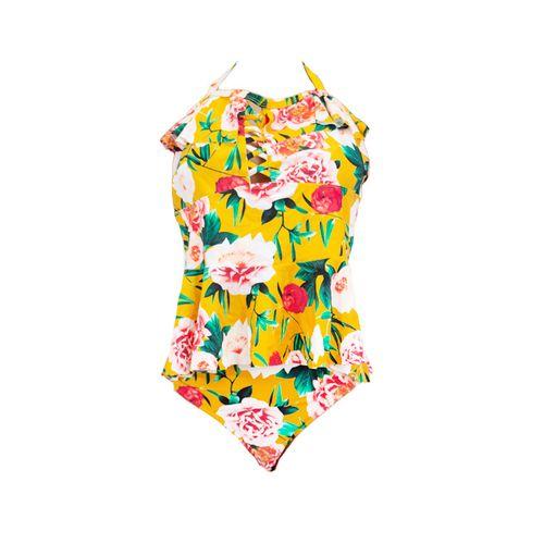 Maillot De Bain Deux Pieces dos nu haut volant- Polyester - jaune fleurette