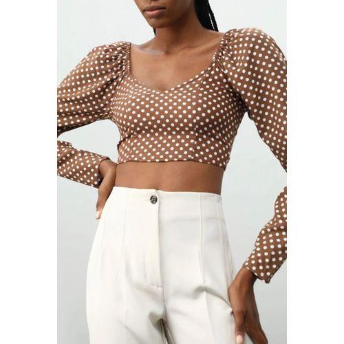 Lefties Top Femme Court à Pois – Manches Longues, Col Carré – Style Chic et Tendance