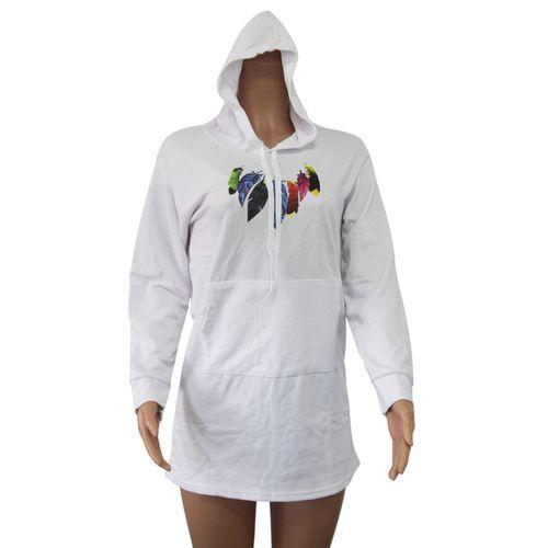 Haut 3/4 Manches Longues Avec Capuche - Coton - BLANC" PLUMES MULTICOLOR"