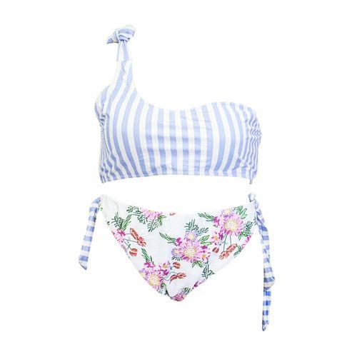 Maillot De Bain Deux Pieces une manche - Polyester - bleu clair - blanc fleurette