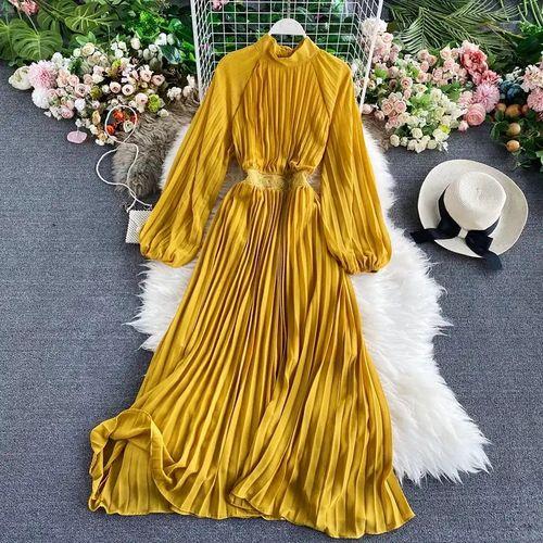 Robe Longue Avec Plissé Jaune