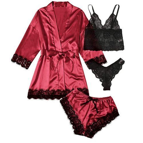 4pcs Women's Pajamas, Sexy Lace Pajamas + Underwear + Panties Set, Home Clothes