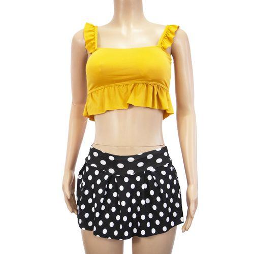 Maillot De Bain Deux Pieces jupette manches volants - Polyester - Noir petit poids vert moutarde