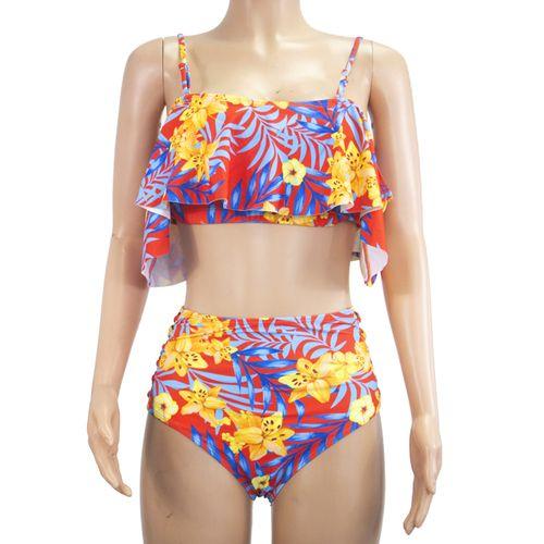 Maillot De Bain deux Pieces - Polyester - rouge - fleurette haut Esméralda