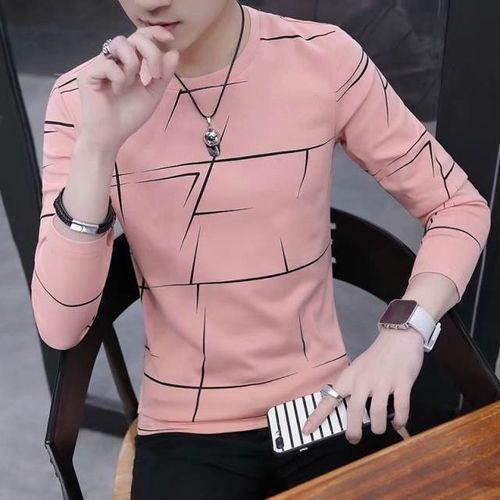 Men fashion Tshirt Autumn Winter Long Sleeve Stripe Shirt New O-Neck Casual-pink