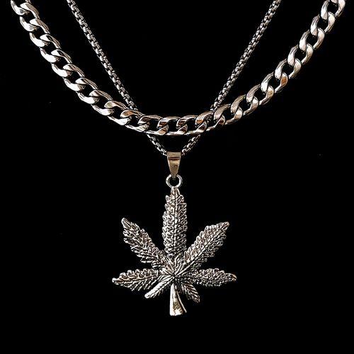 Collier Chaîne Cubaine + Feuille Pendentifs Mode Hommes