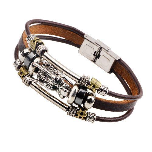 Bracelet En Cuir Pour Hommes En Argent Tibétain Mode Hommes Vintage Parataxis Dragon Multi - Layer Jewelry