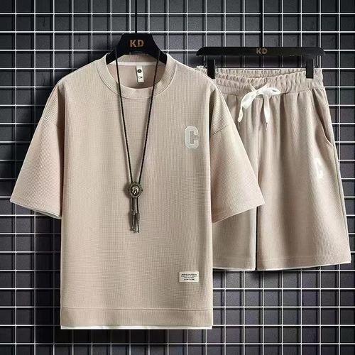 GALUIN 2 In 1 Men's Short Sleeve Shorts Casual Set- Khaki