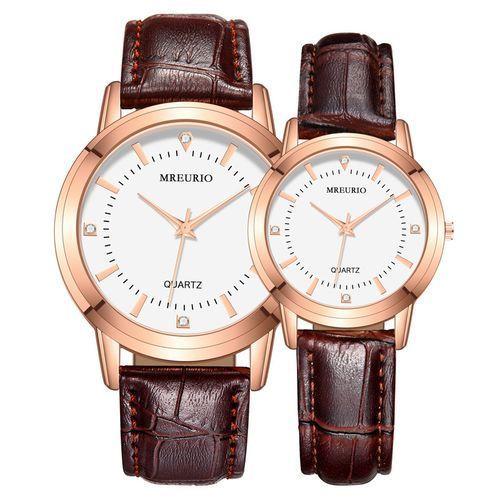 2pcs Wrist Watch For Couples - Leather Strap - Brown