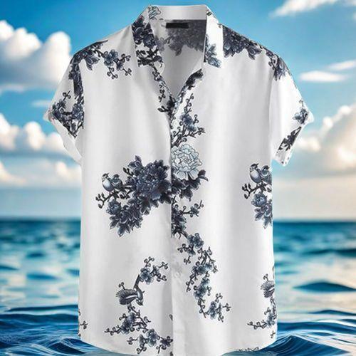 Berrykey Men's Hawaiian Ink Print Bottom-down Beach Short Sleeve T-Shirt Casual Tops