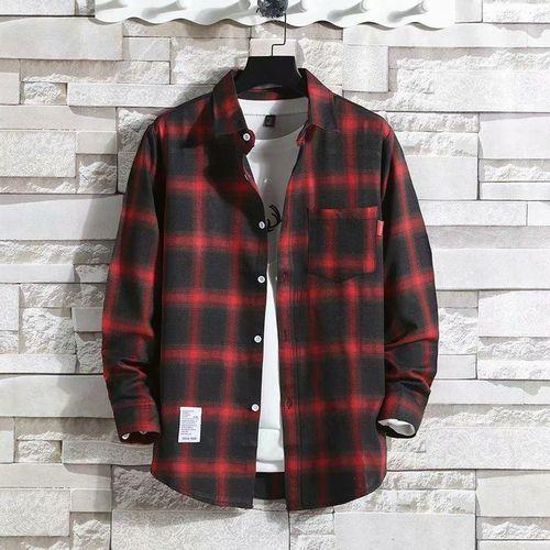 Men's Long Sleeved Checkered Shirt Enlarged - Red