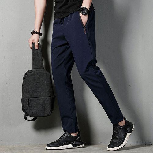 LANGNA Pocket Zipper Elastic Trousers Solid Color - Blue