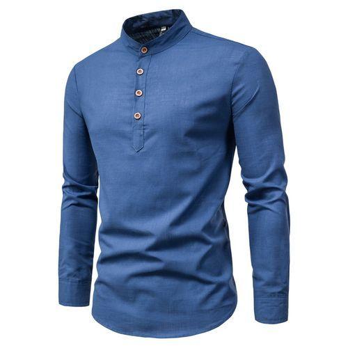 Berrykey Men's Stand Collar Casual Vintage Shirts - Navy Blue