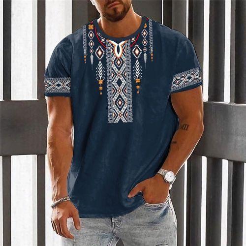 Men's Casual Manches Courtes Musulmans Shirts Traditional African Era Blue Tshirts Printed
