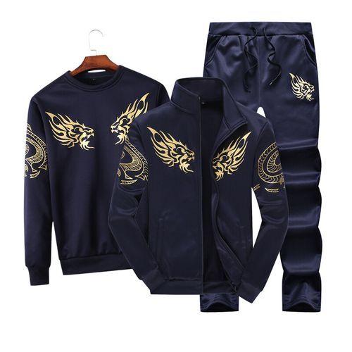 Survêtement décontracté pour hommes,ensemble veste + pantalon + sweat-shirt,3 pièces,Bleu