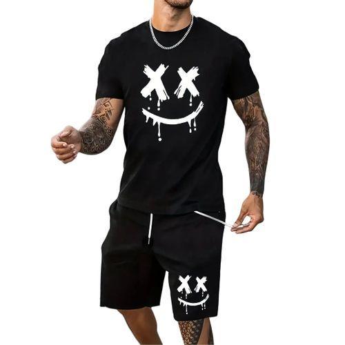 Men's 2 In 1 Short Sleeve Round Neck T-Shirt & Shorts Set - Black